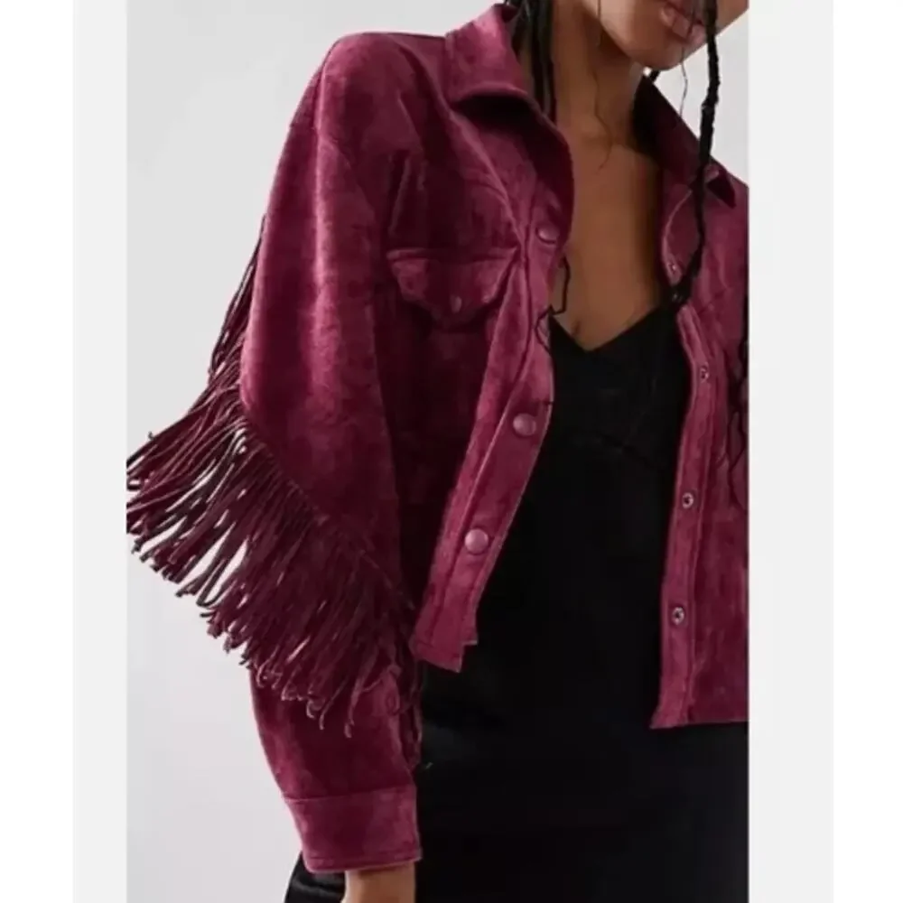 Blank NYC Free People Women's Pink Fringe Twist Shout Vegan Suede Jacket Size M